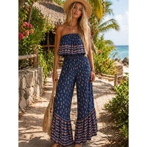 Jopana Boho Strapless Jumpsuit Rayon Floral Ruffle Wide Leg Resort Soft